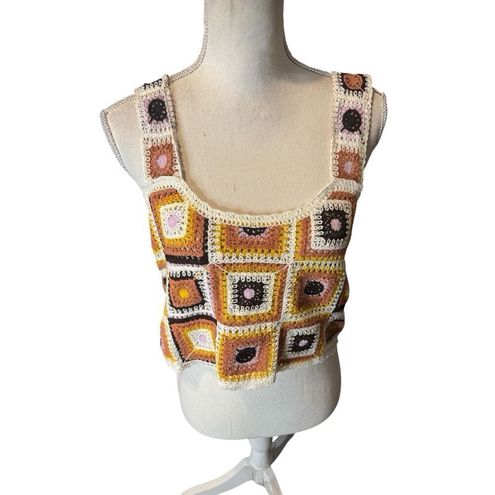 Rebellion Again Granny Square Crochet Knit Sweater Top Sz L Festival Club Y2K